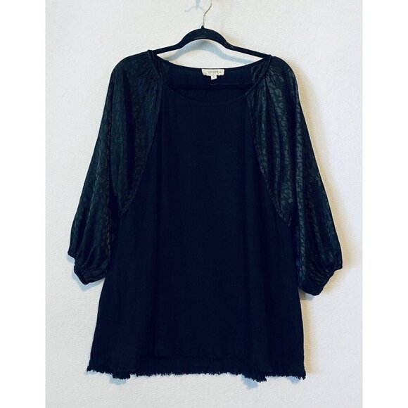 Umgee Top Womens XL Black Leopard Print Puffy Sleeve Linen Blend Fringe Hem Boho - Picture 1 of 7
